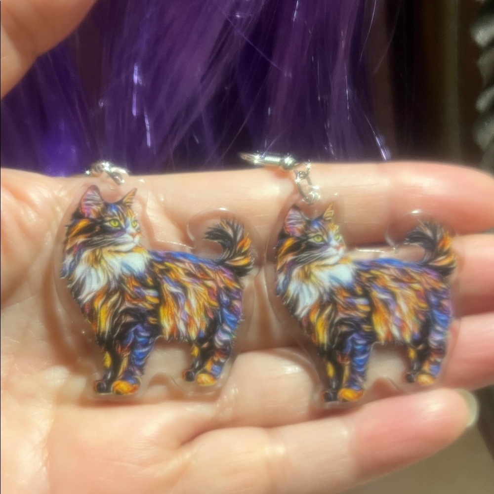 Colorful Long-Haired Cat Dangle Earrings